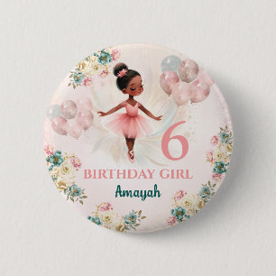 Ballerina Dark Skin Pink Teal Floral Birthday 6 Cm Round Badge