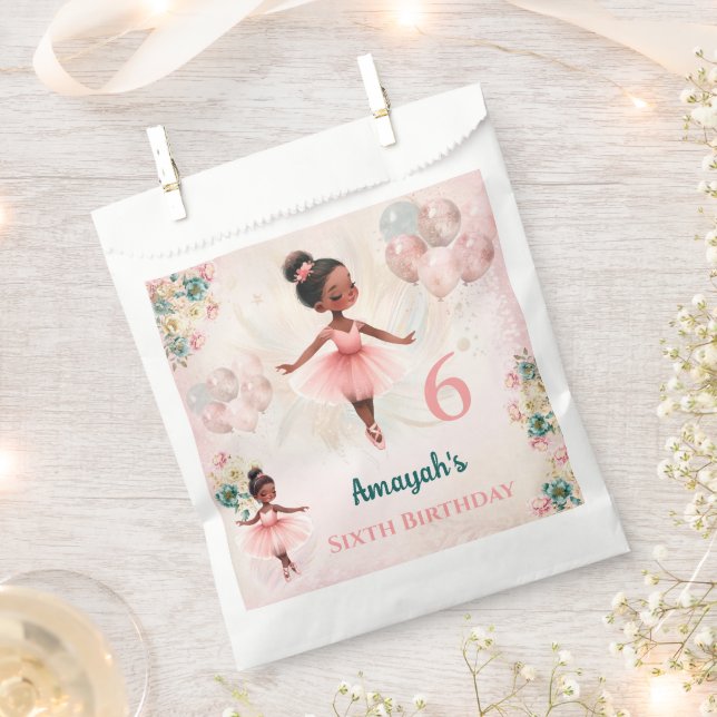 Ballerina Dark Skin Pink Teal Floral Birthday Favour Bag (Clipped)