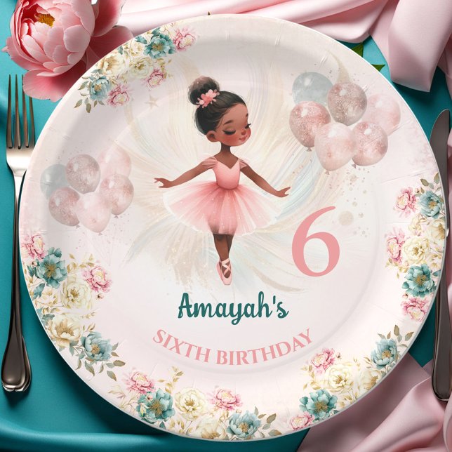 Ballerina Dark Skin Pink Teal Floral Birthday Paper Plate (Ballerina Dark Skin Pink Teal Floral Birthday Paper Plates)