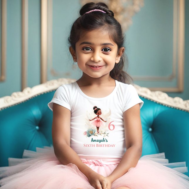 Ballerina Dark Skin Pink Teal Name Birthday Girl Toddler T-Shirt (Ballerina Dark Skin Pink Teal Floral Birthday Girl Toddler T-shirt)