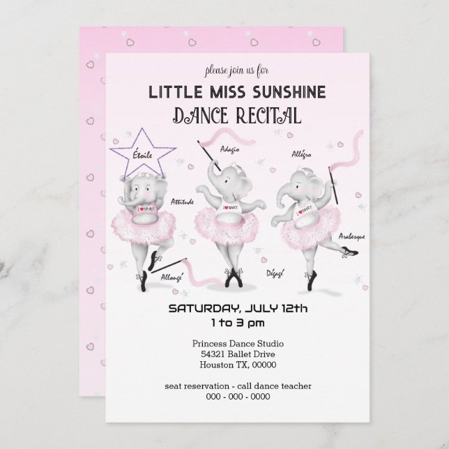 Ballerina Elephant Dance Recital Invitation (Front/Back)