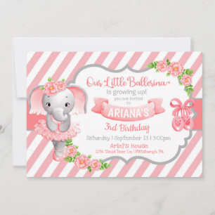 Ballerina Elephant Pink Birthday  Invitation