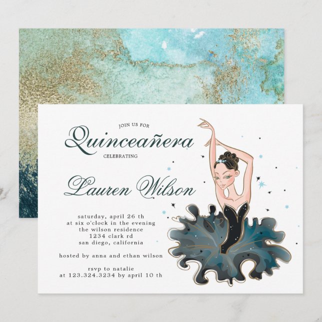 Ballerina emerald and gold Quinceanera Invitation (Front/Back)