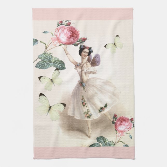 Ballerina Fairy with pink borders Tea Towel (Vertical)