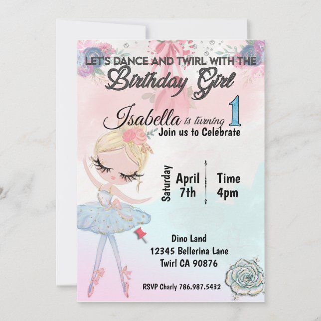 Ballerina First birthday invitation (Front)