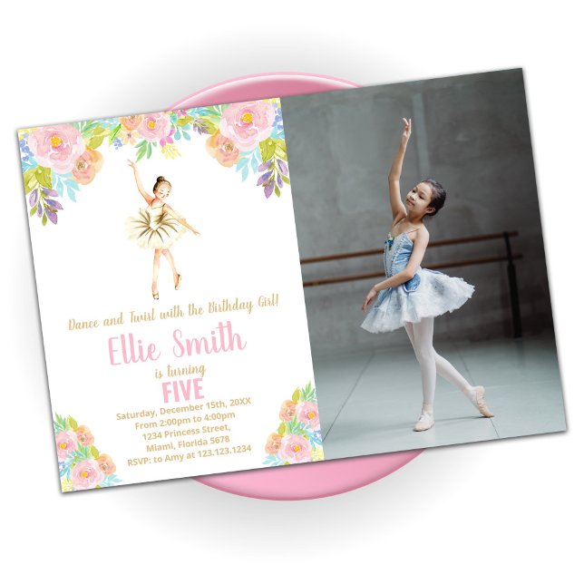 Ballerina Floral Birthday Invitations with photo (Creator Uploaded)