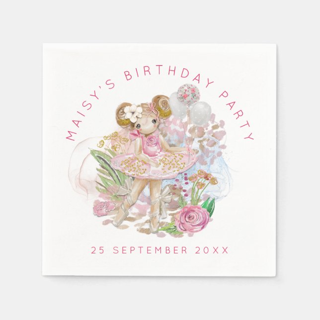 Ballerina Floral Pink Gold Name Birthday Party Napkin (Front)