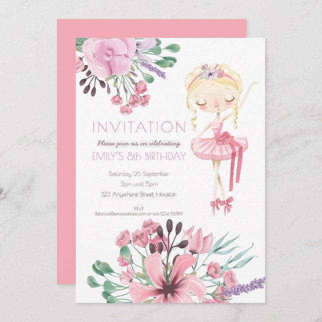 Ballerina Florals Girl 8th Birthday Party Invitation (Front/Back)