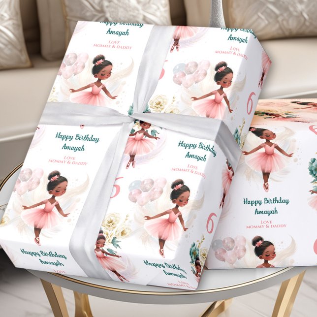 Ballerina Girl Birthday Dark Skin Custom Name Text Wrapping Paper (Ballerina Girl Birthday Dark Skin Custom Name Text Wrapping Paper)