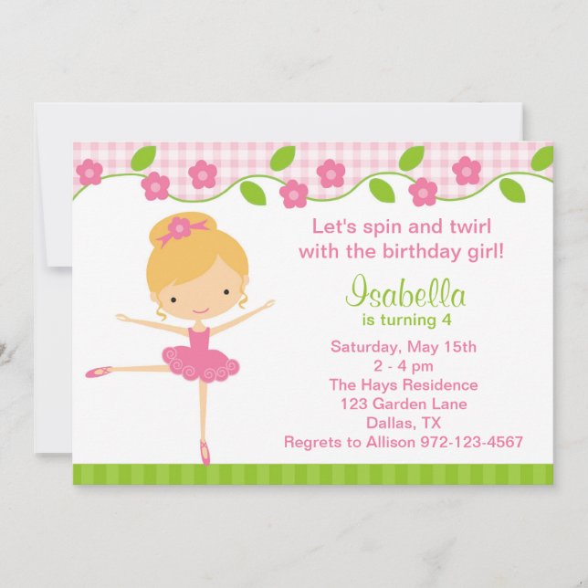 Ballerina Girl Birthday Party Invitations (Front)