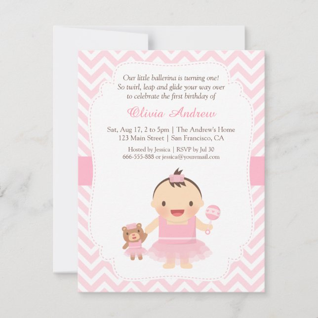 Ballerina Girl First Birthday Party Invitations (Front)