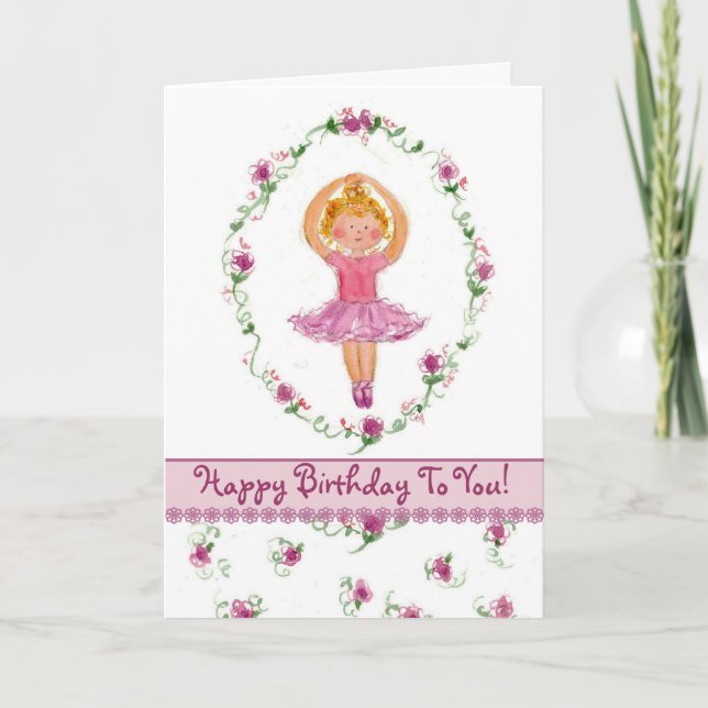 Ballerina Girl Happy Birthday Card Pink Roses (Front)