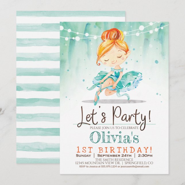Ballerina Girl Mint Birthday Party Invitation (Front/Back)