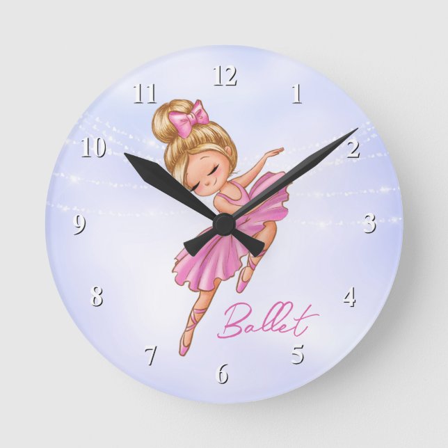 Ballerina Girl Pink, Purple Pretty Ballet Dance Round Clock (Front)