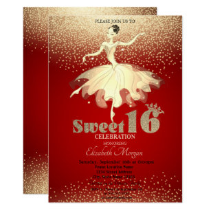 Ballerina,Gold Confetti Glitter Red Sweet 16 Invitation
