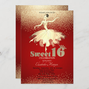 Ballerina,Gold Confetti Glitter Red Sweet 16 Invitation