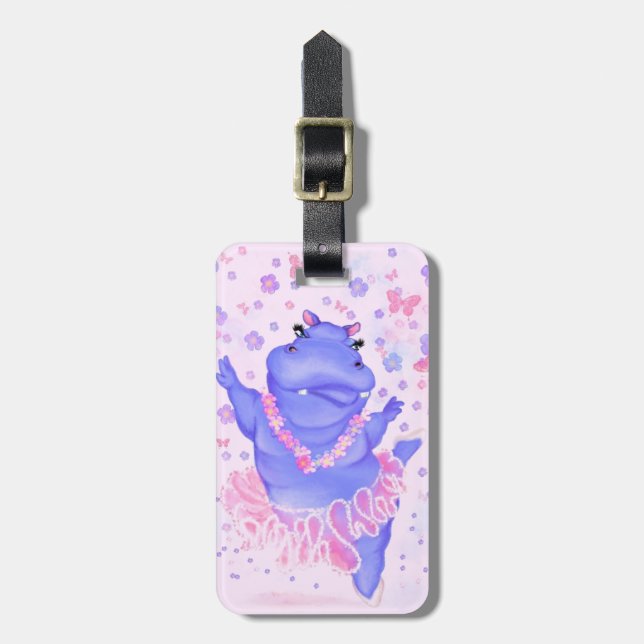 Ballerina Hippo Luggage Tag Happy Ballet Dancer (Front Vertical)