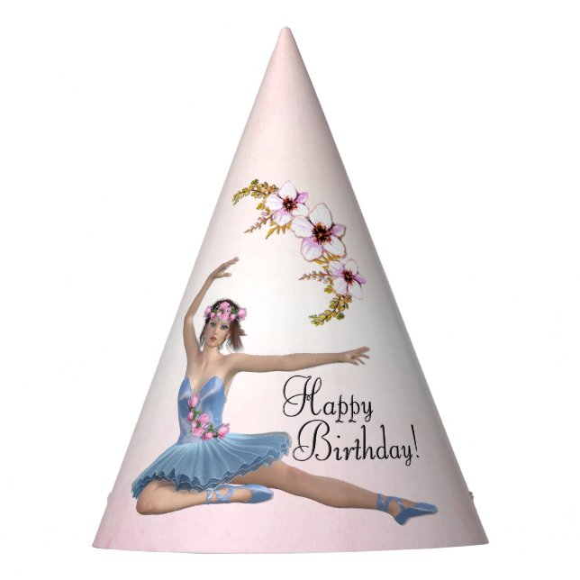 Ballerina in Blue Happy Birthday on Pink Party Hat (Front)