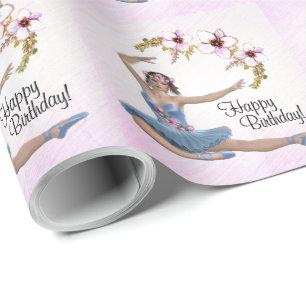 Ballerina in Blue on Pink Personalise Birthday  Wrapping Paper