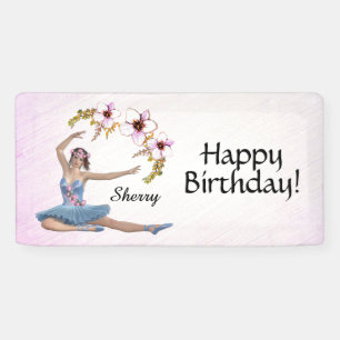 Ballerina in Blue Personal Name Birthday on Pink Banner