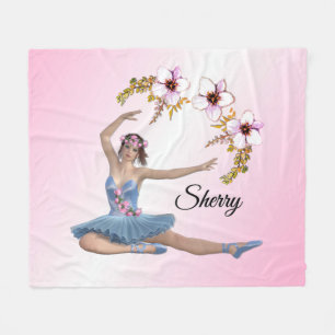 Ballerina in Blue Personal Name on Pink Fleece Blanket