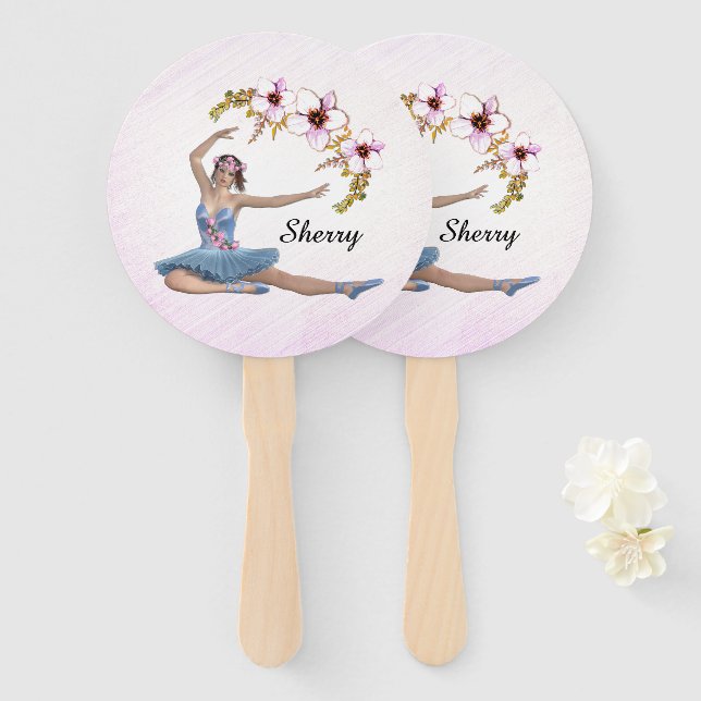 Ballerina in Blue Personal Name on Pink Hand Fan (Front and Back)