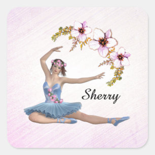 Ballerina in Blue Personal Name on Pink Square Sticker