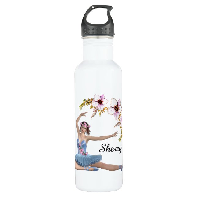 Ballerina in Blue Personal Name Pink Flowers 710 Ml Water Bottle (Front)