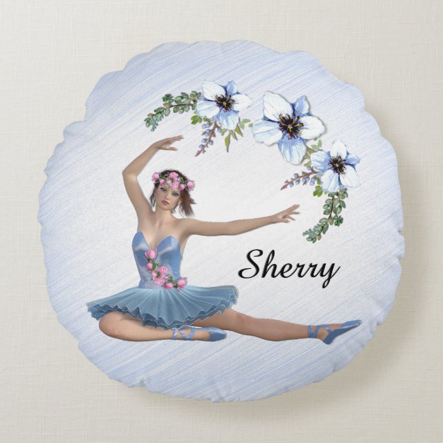 Ballerina in Blue Personal Name Round Cushion (Front)