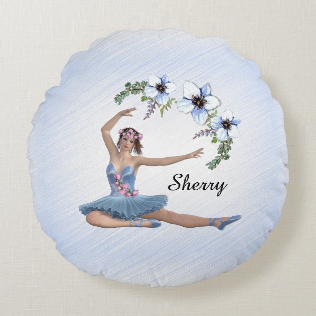 Ballerina in Blue Personal Name Round Cushion (Front)