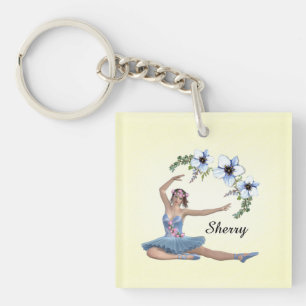 Ballerina in Blue Personal Name Yellow Key Ring