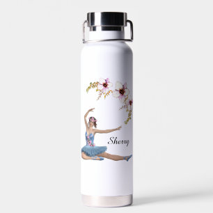 Ballerina in Blue Personal Pink Flowers Water Bottle