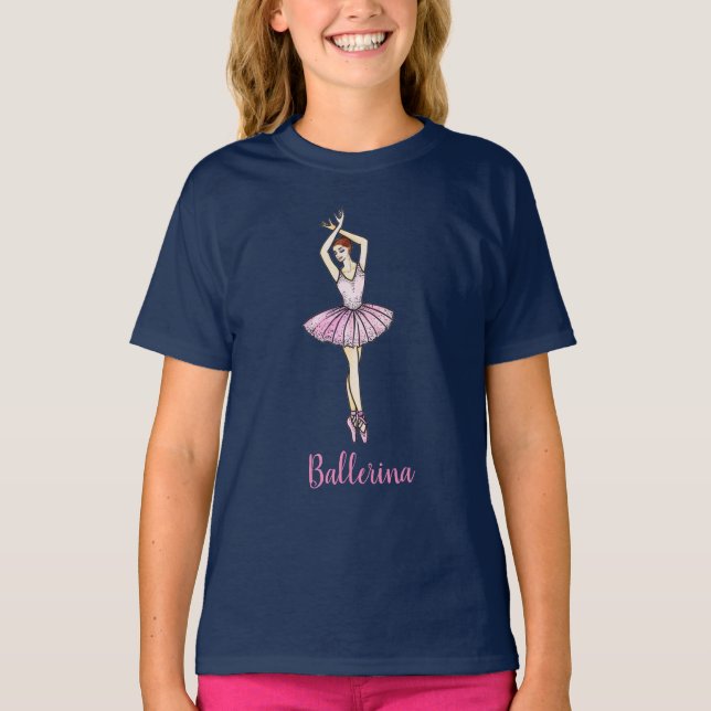 Ballerina in Pink Dress and Pointe Toe Shoes T-Shirt (Front)