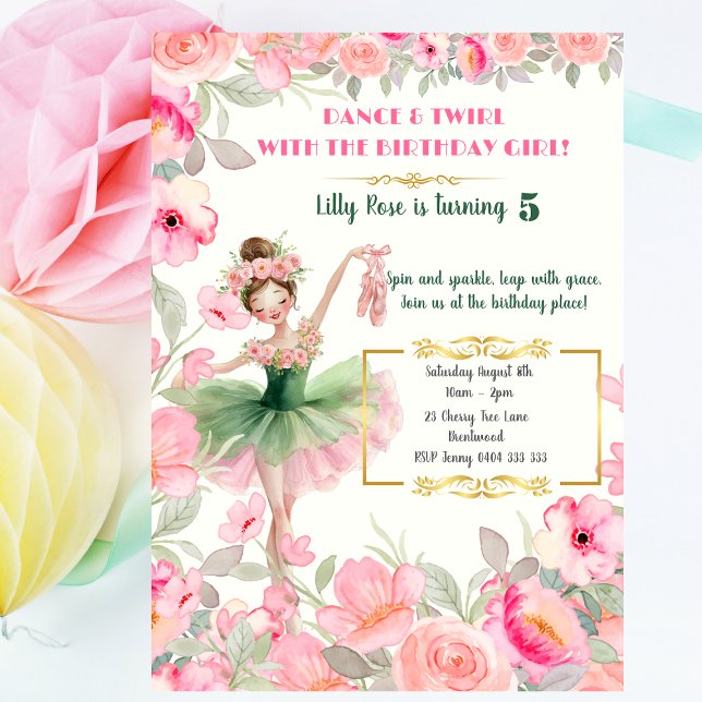 Ballerina in Pink & Green Tutu Floral Birthday Invitation (Personalized Ballerina Birthday Invitation – Pink and Green Watercolo Ballet Party Invite )