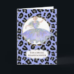 Ballerina in purple granddaughter birthday leopard card<br><div class="desc">A beautiful and modern ballerina wearing a gorgeous ball gown with iridescent glitter sequins on it is dancing on her ballet shoes and is framed by a faux gold circle set against a pastel purple and black leopard spot skin pattern background. A calligraphy style template for your goddaughter, niece, granddaughter...</div>