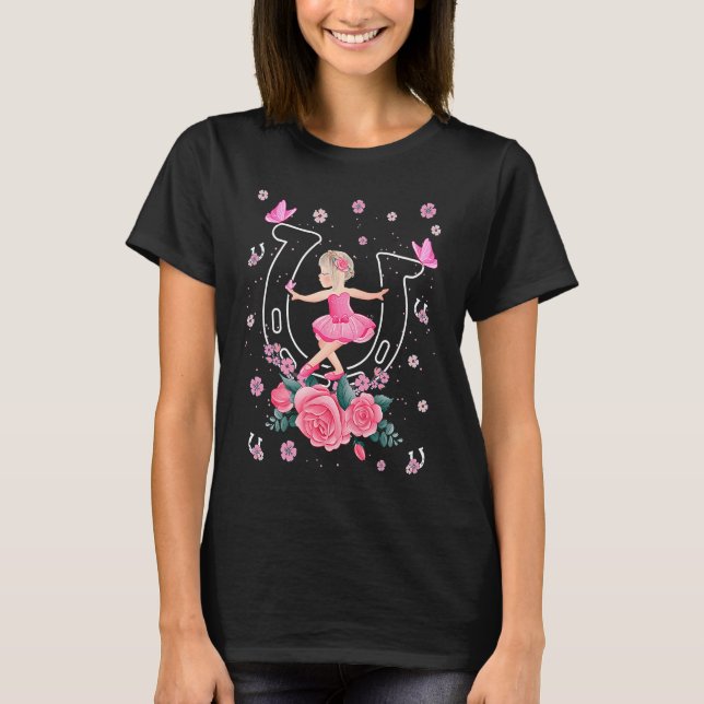 Ballerina in tutu dancing in horseshoe girls' ball T-Shirt (Front)