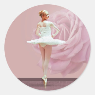 Ballerina in White with Pink Rose Classic Round Sticker