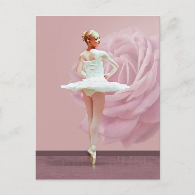 Ballerina in White with Pink Rose Postcard (Front)