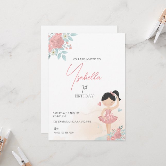 Ballerina Invitation, Ballet, Pink, Birthday Invitation (Front/Back In Situ)