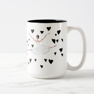 Ballerina Jumping Dancing between Black Hearts Two-Tone Coffee Mug