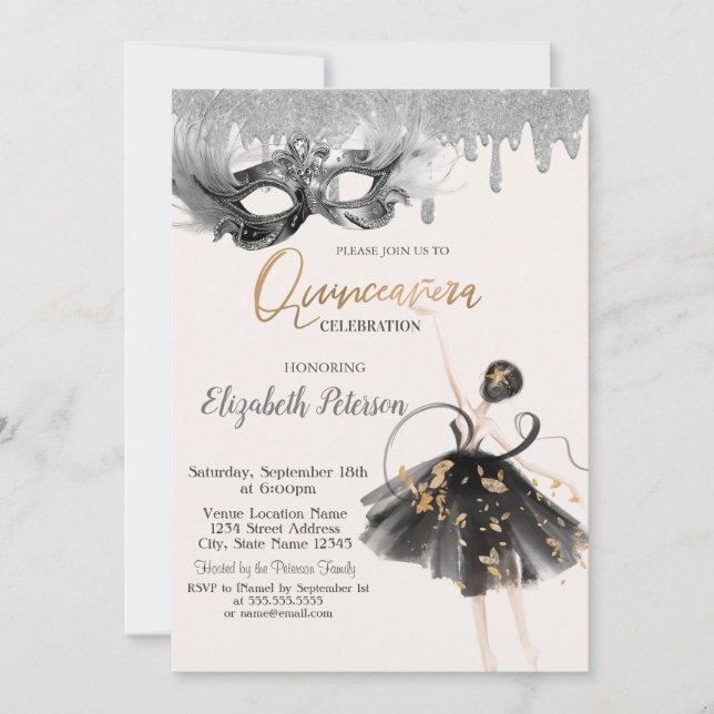  Ballerina Masque Glitter Drips Quinceanera Invitation (Front)