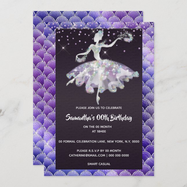 Ballerina mermaid glitter pink purple girls party invitation (Front/Back)