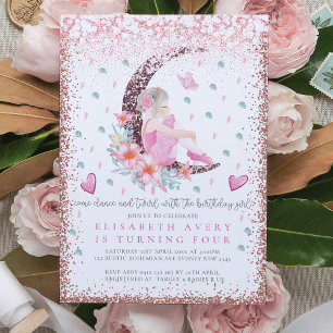Ballerina Moon Pastel Pink Glitter Birthday Invitation