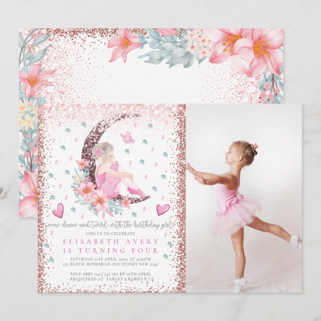 Ballerina Moon Pastel Pink Glitter Birthday Photo Invitation (Front/Back)