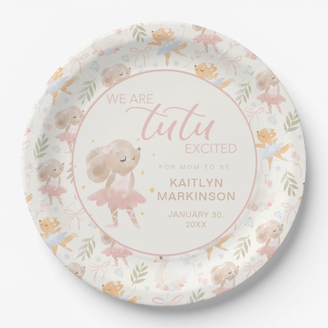 Ballerina Mouse Tutu Excited Baby Shower Paper Plate (Front)