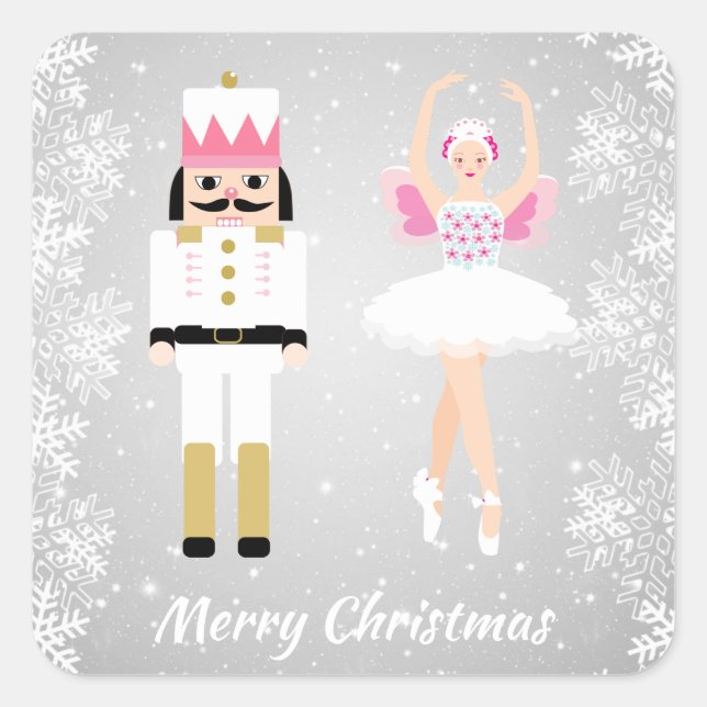 Ballerina & Nutcracker, snowflakes Christmas Square Sticker (Front)