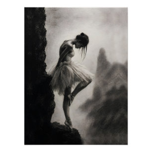 Ballerina on Cliff Edge Monochrome Dramatic Art Poster