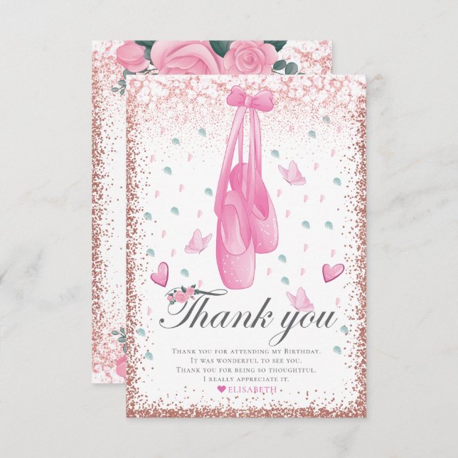 Ballerina Pastel Pink Glitter Birthday Thank You Card (Front/Back)