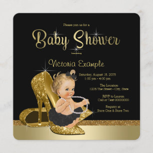 Ballerina Pearls Black Gold Shoe Baby Shower Invitation