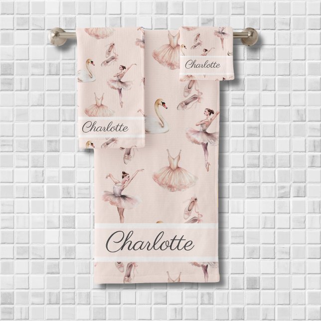Ballerina Pink Ballet Shoes Personalised Name Bath Towel Set (Creator Uploaded)